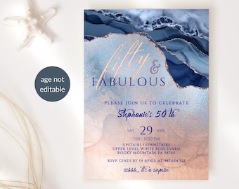 50th Birthday Invite Fifty and Fabulous Surprise Dinner Party Invitation Printable Blush Rose Gold Navy Blue Decor Editable Download P139