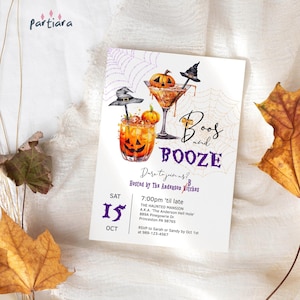 Halloween Invite Boos and Booze Party Invitations Printable Orange Purple Decoration Adults Birthday Editable Digital Download Template P817