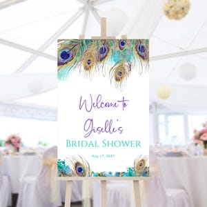 Peacock Feathers Welcome Sign Editable Bridal Shower, Adult Birthday, Engagement, Garden Party Welcome Poster Decor DIY Printable P83