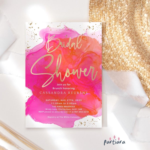 Hot Pink Orange Bridal Shower Invite Printable Tropical Brunch Summer Party Invitation Editable Digital Download Template P200