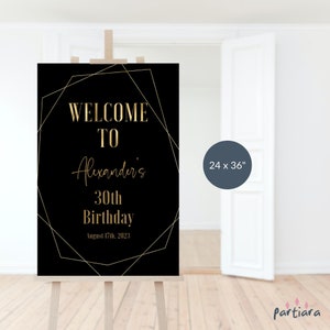 Mens Birthday Welcome Sign Template, Geometric Party Welcome Poster Printable, Black Gold Events Decor, Editable Download P86