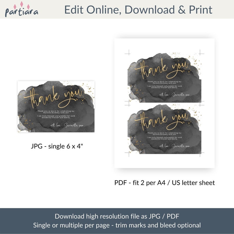 Birthday Thank You Card Template Black and Gold Party Printable, Teen ...