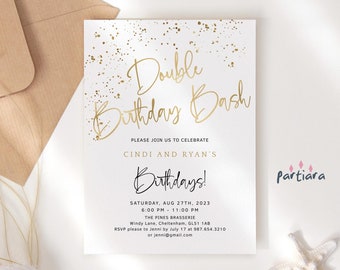 Double Birthday Bash Invitation Printable Men Ladies Teen Boy Girl Joint All White Party Invite Editable Digital Download Template P132 P493