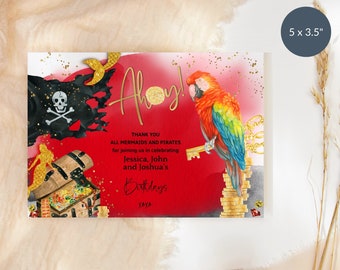 Tarjeta de agradecimiento pirata imprimible, plantilla editable de tarjeta de notas de fiesta de cumpleaños de sirenas y piratas, hermanos conjuntos, descargar P758