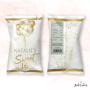 Sweet 16 Chip Bag Template, Sage Green 16th Birthday Favor Labels, Balloons Party Decor Printable, Editable Digital Download P232