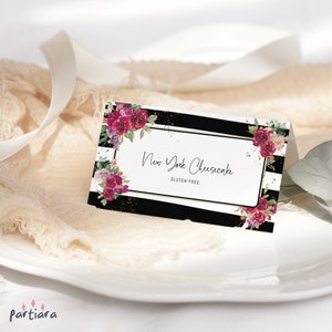 Birthday Place Cards Printable, Dinner Table Seating Name Card Template, Editable Black Striped Floral Food Table Decor Download P176