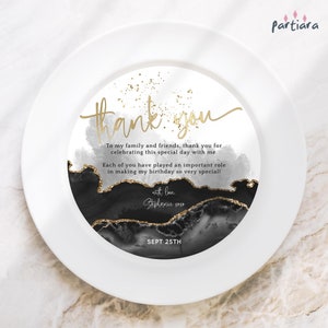Modelo editável de prato de agradecimento de aniversário para festa de senhoras ou homens, cartão de decoração de mesa de agradecimento redondo para impressão, download P708