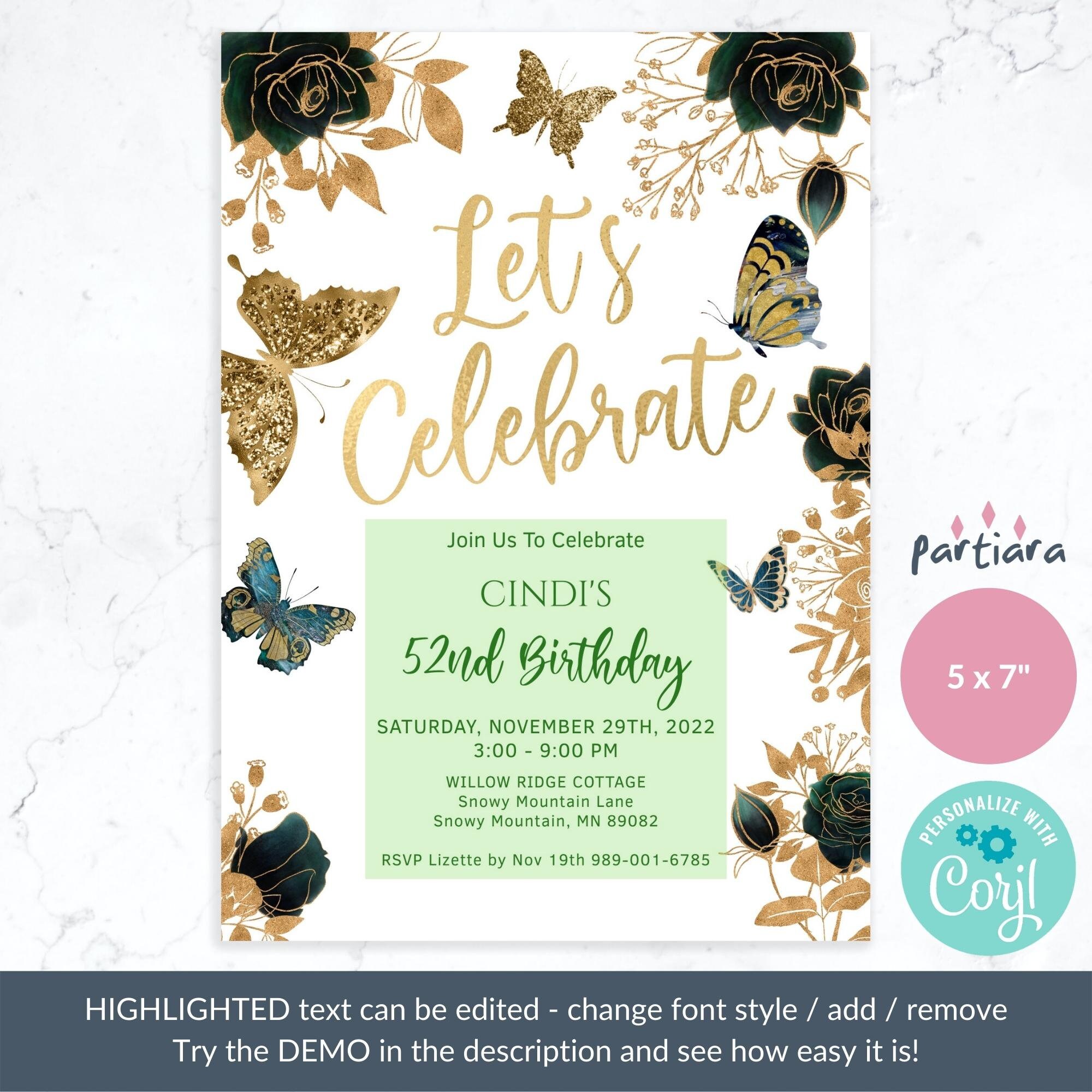 Emerald Green Birthday Invitation Printable Ladies Gold Floral Etsy