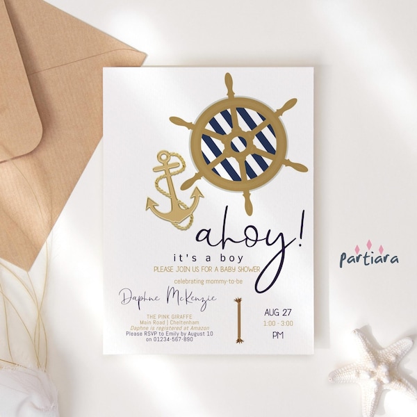 Editable Ahoy es una invitación de niño, invitación de baby shower náutico imprimible, decoración de ancla de oro azul marino, plantilla Corjl de descarga digital P104