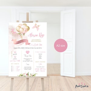 Modèle de panneau de fête d'anniversaire papillon rose pour 1er anniversaire pour filles, affiche de la première année rose fard à joues rose, imprimable, modifiable A2 P382