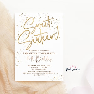 Sweet Sixteen Invitation, 16th Birthday Invite Printable, Girls All White Gold Disco Dinner Party Editable Digital Download Template P493