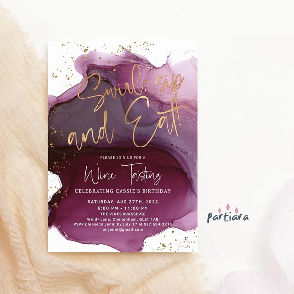 Wine Tasting Invitation Printable Maroon Gold Swirl Sip and Eat Cocktails Birthday Party Invite Editable Digital Download Template P132 P230