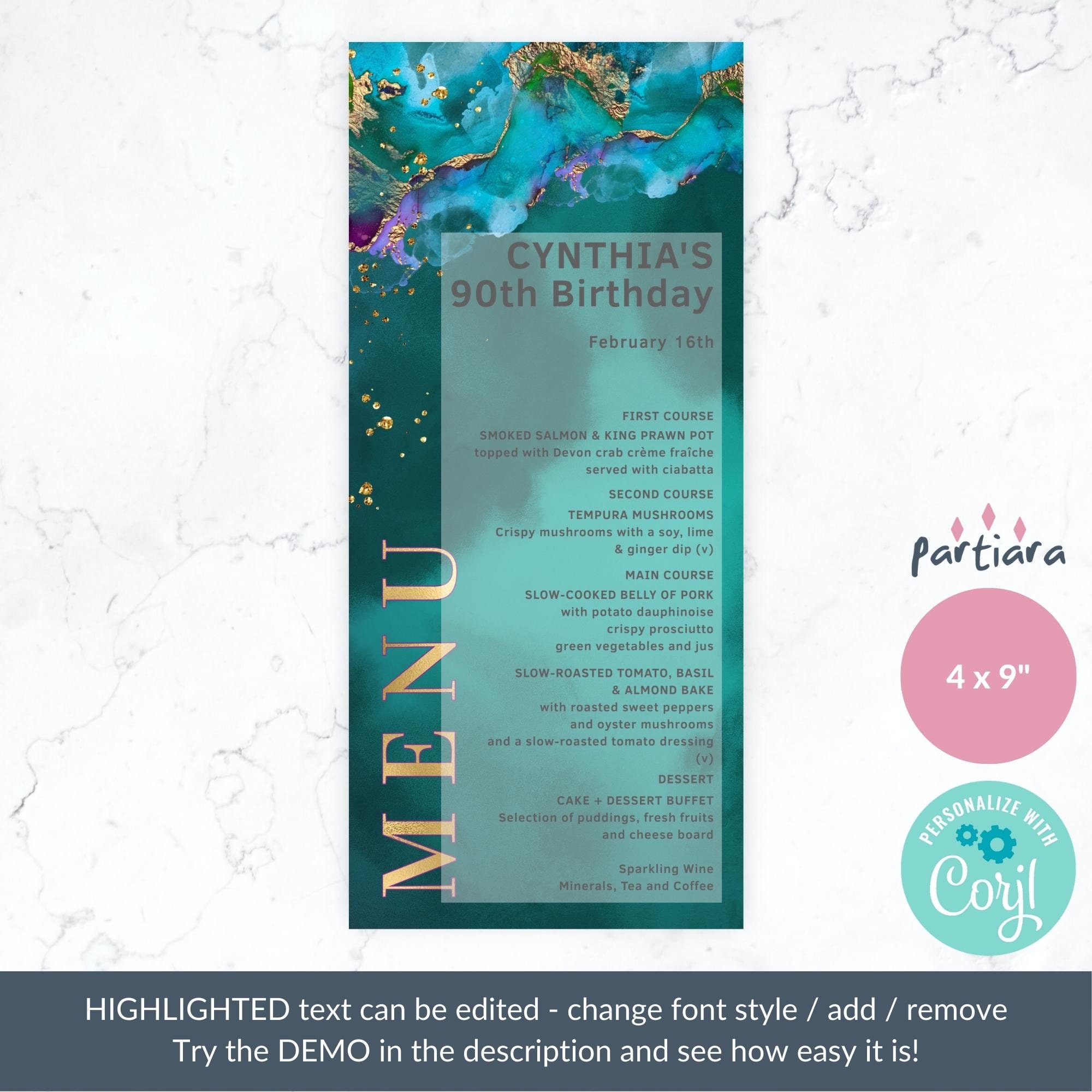 Emerald Green Menu Card Template, Birthday Dinner Party Menus Printable ...
