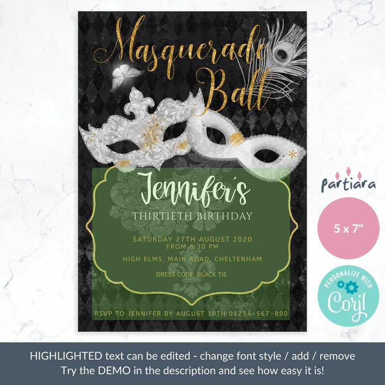 Masquerade Ball Birthday Invitation Printable Black Gold - Etsy