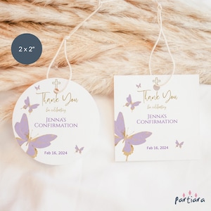 Taufe Dankeschön Lavendel Schmetterling Gunst Geschenkanhänger Printable, Mädchen Konfirmation Gastgeschenke, Pastell Lila Flieder, Bearbeitbar P438