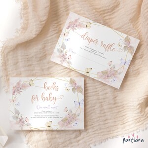 Tarjetas de juego para bebés con hierba de la pampa, tarjeta de rifa de pañales, libros para baby shower de niña imprimibles, mariposas florales, descarga editable P171