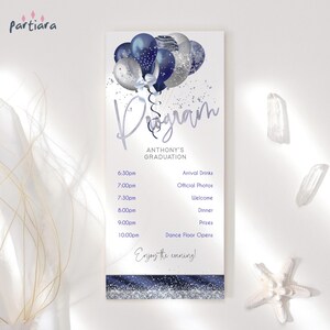 May include: A graduation program with a navy blue and silver design. The program includes a balloon graphic, the text "Program", "Anthony's Graduation", and a schedule of events. The bottom border has a glittery silver design.