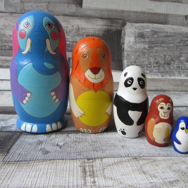 Nesting doll Childrens gift Zoo animals  5 piece Elephant Lion Panda Monkey Penguin - Stacking dolls