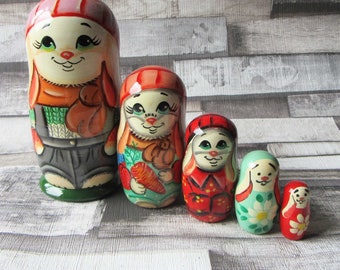 Nesting doll White rabbit wearing hat / scarf / cute bunny / Easter gift / gift for her / Stacking dolls