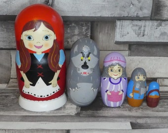 Little Red Riding Hood nesting doll handmade, handpainted chikdrens gift Big bad Wolf Grandma