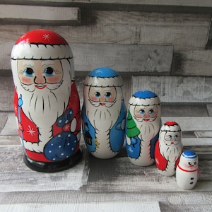Nesting doll Santas and Snowman 5 piece 15cm high Handmade hand painted