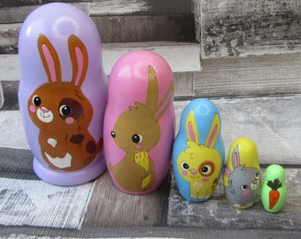PRETYZOOM – Poupées Gigognes Lapin – Matriochka En Bois Peinte – 15 Cm – Jeu De Nidification – Dès 3 Ans