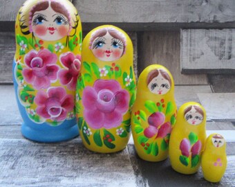 handmade Nesting doll 5 piece Blue and Yellow design / stacking dolls