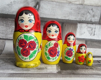Handmade Nesting Dolls: Red & Yellow Wooden Matryoshka Set