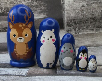 Arctic animals nesting doll 5 piece handmade, handpainted gift