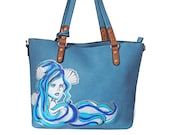 Hand Painted Blue Vegan Leather Large Tote Bag