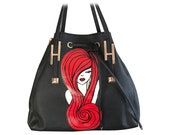 Hand Painted Vegan Leather Black White and Red Bag with Detachable Adjustable Strap