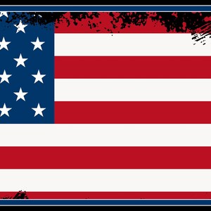 May include: A distressed, rectangular sign featuring a faded American flag design. The flag has 13 alternating red and white stripes and a blue field with 50 white stars. The sign has a black border with a dark blue outer border.
