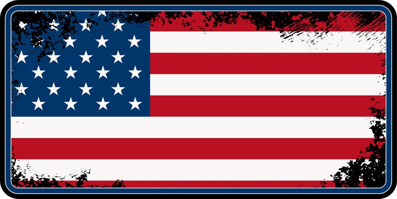 May include: A distressed, rectangular sign featuring a faded American flag design. The flag has 13 alternating red and white stripes and a blue field with 50 white stars. The sign has a black border with a dark blue outer border.