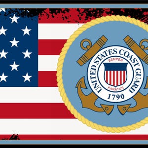 May include: A distressed American flag with a gold seal of the United States Coast Guard. The seal has a blue background with a gold anchor, a gold rope border, and the words "United States Coast Guard" in gold lettering. The seal also includes the words "Semper Paratus" and "1790".