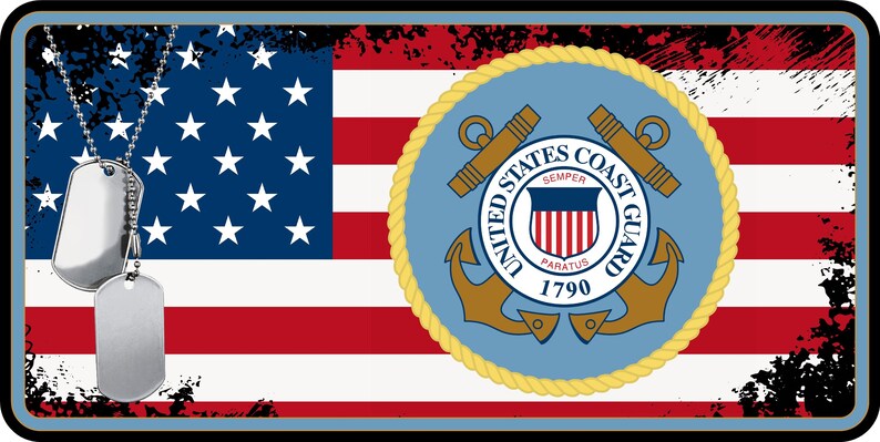 May include: A distressed American flag with a gold seal of the United States Coast Guard. The seal has a blue background with a gold anchor, a gold rope border, and the words "United States Coast Guard" in gold lettering. The seal also includes the words "Semper Paratus" and "1790".