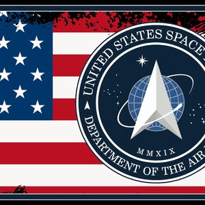 May include: A distressed American flag with a black border. The flag is centred with a blue circle containing a white star and a globe. The circle has the text "UNITED STATES SPACE FORCE DEPARTMENT OF THE AIR FORCE MMXIX". Two silver dog tags are hanging from a chain in the top left corner.