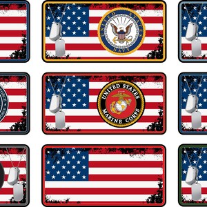 May include: Nine different US military branch themed license plates with a distressed look. Each plate features a US flag with a branch emblem and the words "United States" and the branch name. The emblems include the Navy, Marine Corps, Air Force, Army, and Space Force. Each plate also has a dog tag hanging from it.