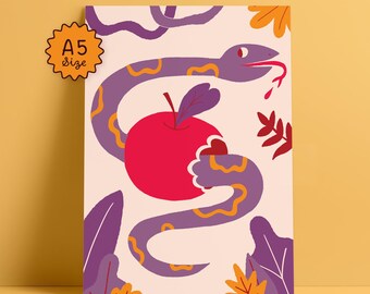 Schlange mit Apfel A5 Kunstdruck & Postkarte - Garten Eden Inspiriertes Design - Studio Cat-She