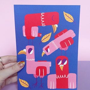 Mini carte postale et impression d'art A5 Quirky Birds - Illustration d'oiseau amusante et colorée - Studio Cat-She