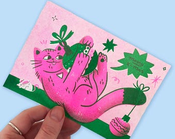 Risoprinted Weihnachtskarte - Messy Xmas Katzen Design (2-farbig) - Studio Cat-She