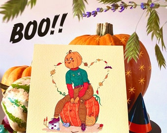 Gruseliges Kürbis Mädchen Mini Kunstdruck – Halloween Postkarte