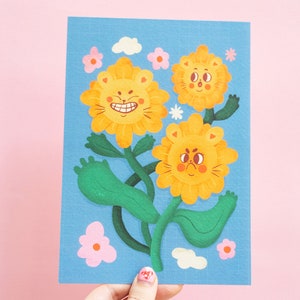 Carte postale et impression d'art A5 fleur de chat pissenlit - Design mignon et fantaisiste - Studio Cat-She