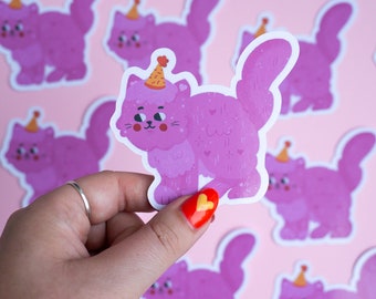 Cute Pink Party Cat Birthday Handmade Sticker - Studio Cat-She
