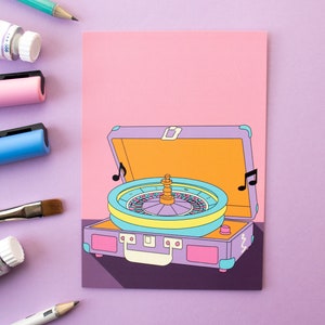 Carte postale colorée A6 pour tourne-disque de casino - Design rétro vibrant - Studio Cat-She