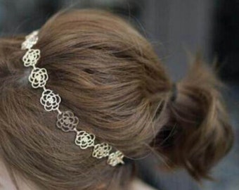 Hollow Rose Flower Gold Metal Chain Flower Hairband Headband Alice Band Elastic Boho