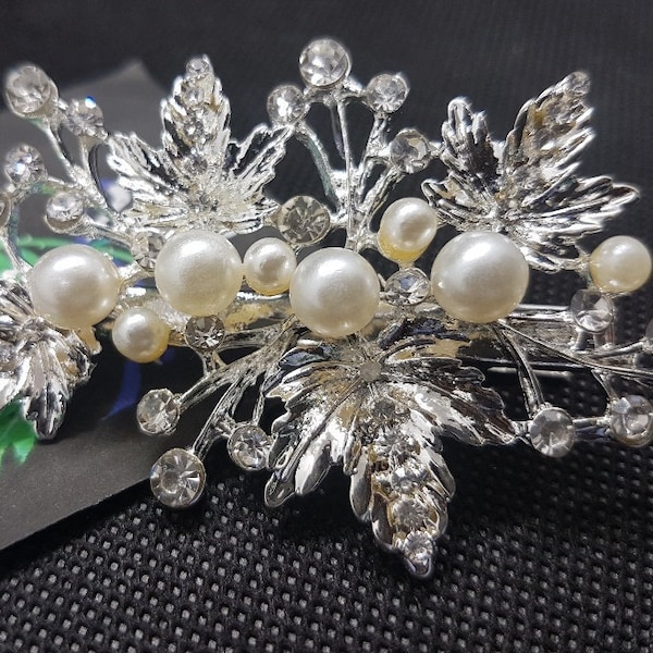 Silver Pearl Crystal Hair Clip Enamel Rhinestone Diamante Flowers Vintage Art Deco 1920's Side Comb Bridal Wedding Leaf Hair Slide Barrette