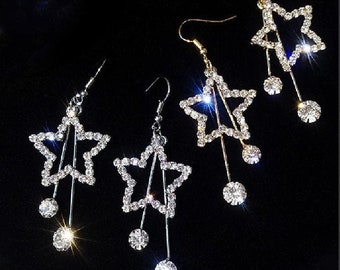 Crystal Star Earrings. Boho . Gold or Silver Bridal Wedding. Vintage Art Deco Drop Dangle Chandelier, Diamante Rhinestone Statement Earrings