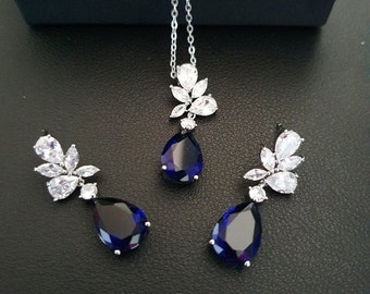 Blue Leaf Bridal Jewellery Set, Wedding Necklace Set, Bridal Necklace Set, Wedding Jewellery Set. Blue Jewellery Set. Pendant Necklace Set