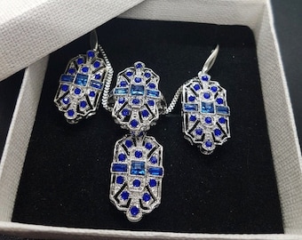 Blue CZ Crystal Necklace Earrings Ring Art Deco 1920's Style Pendant Necklace Set Drop Dangle Earrings Cocktail Ring Wedding Jewellery