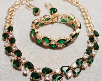 Green & Rose Gold Bridal Jewellery Set. Wedding Jewellery. CZ Bridal Necklace Set. CZ Necklace Earrings Bracelet Set. Wedding Necklace Set.